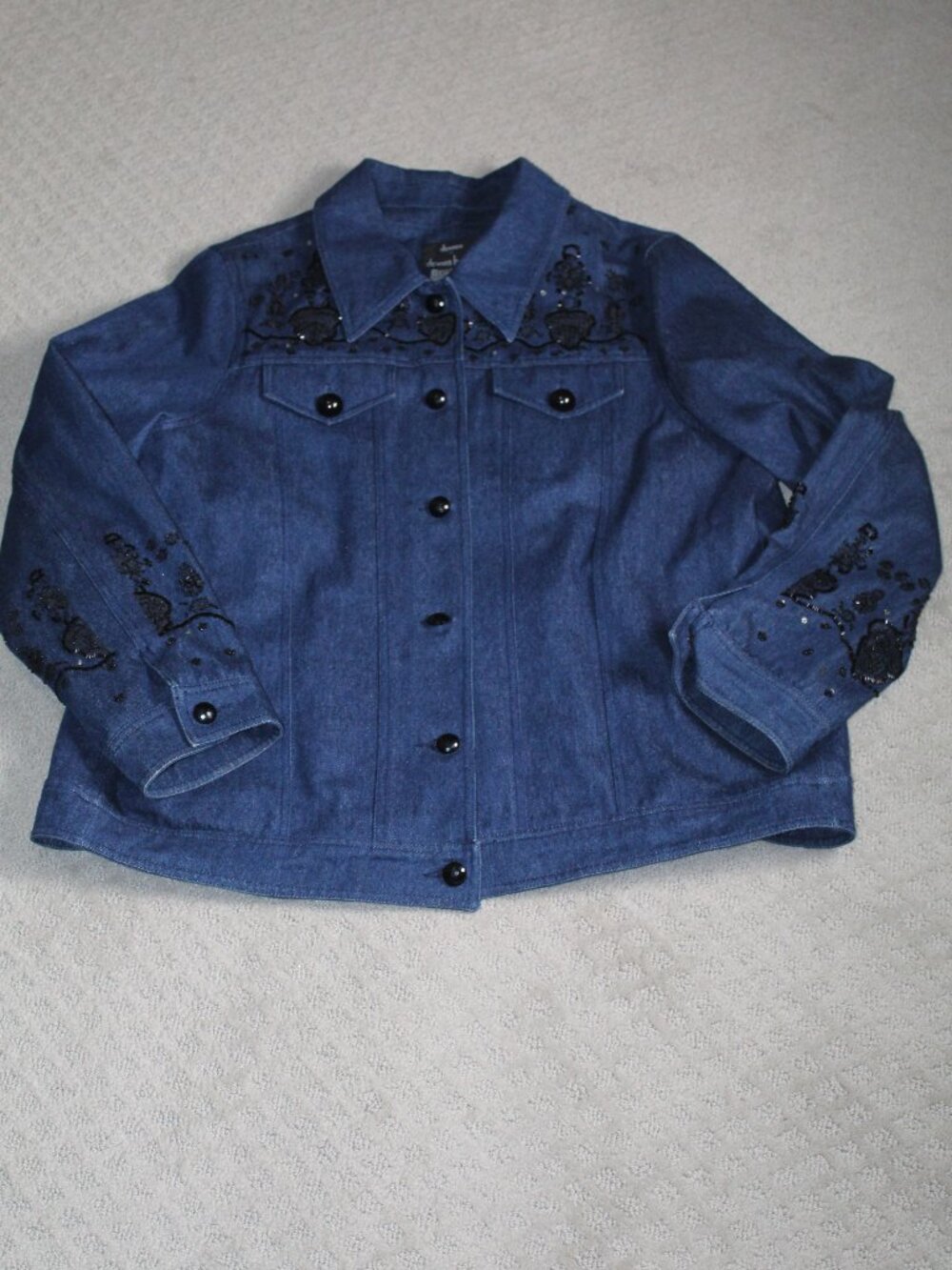 Dennis Basso Large Blue Denim Black Beading Fully Lined Jacket